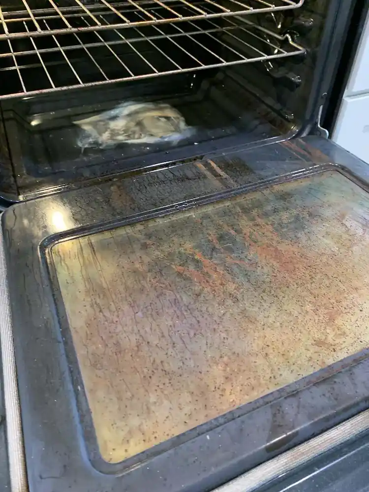 Oven door cleaning before cleaning